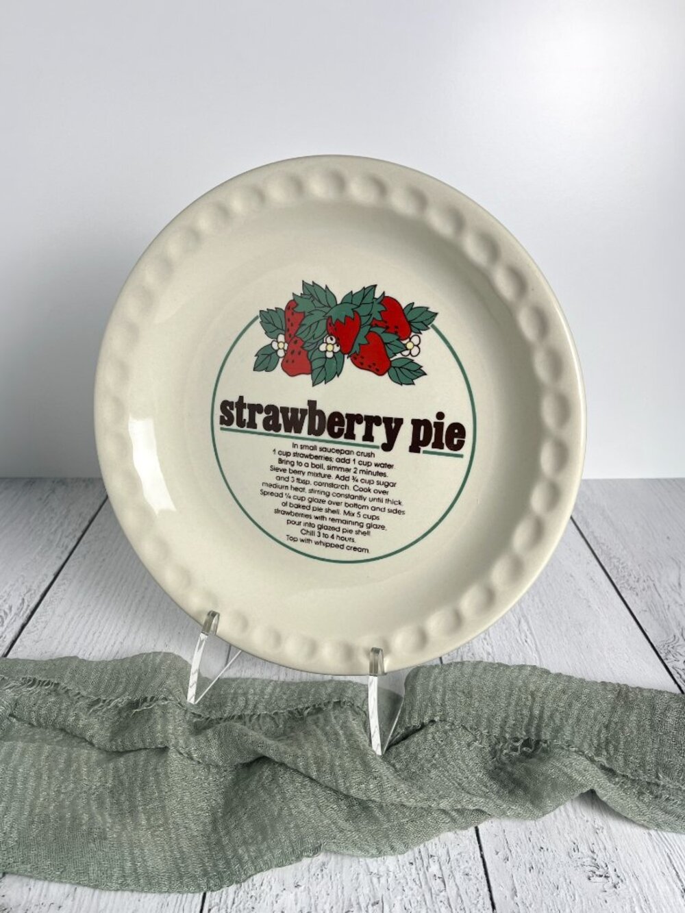 Vintage Strawberry Pie Recipe Ceramic Pie Plate 10”